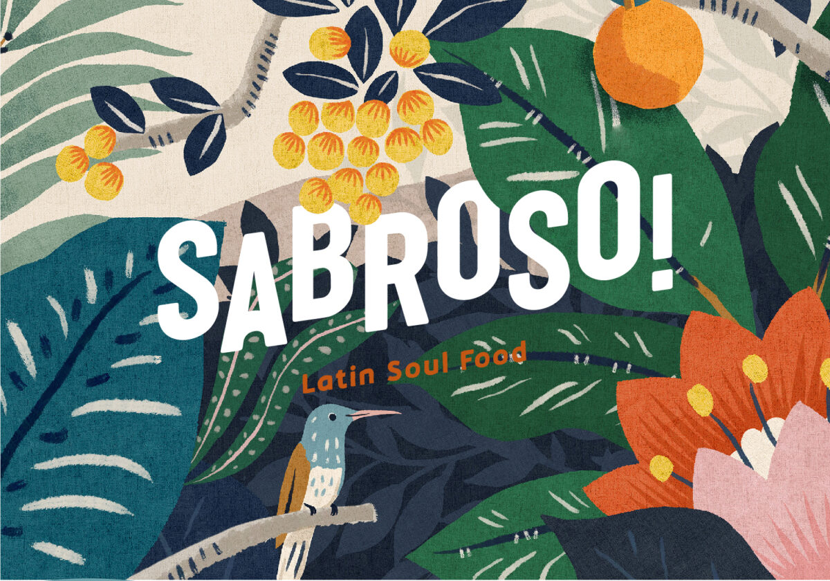 Bespoke tropical illustration featuring hand-drawn botanical motifs and bold brand typography.