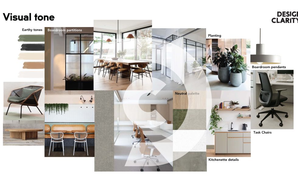 This visual tone page shows multiple cropped images of interior design elements are arranged in a circular pattern. The central image appears to be a design plan focused on a contemporary workspace. The tone and style lean towards a warm, neutral aesthetic with muted earth tones and light wood accents.