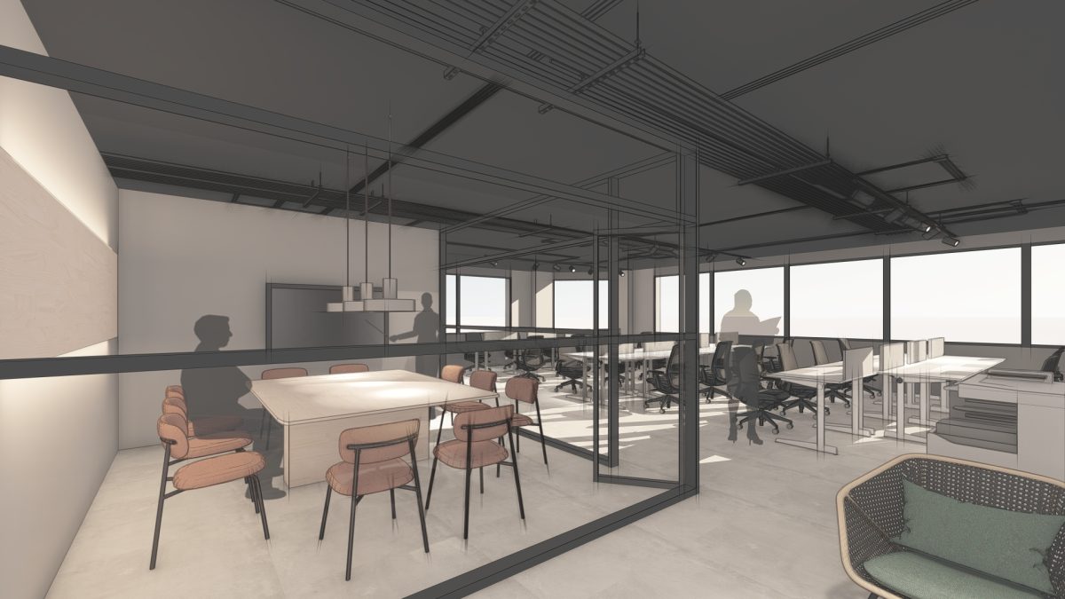 A modern, open office space with an industrial design, featuring a mix of meeting areas and individual workstations separated by glass partitions, illuminated by natural light from large windows.