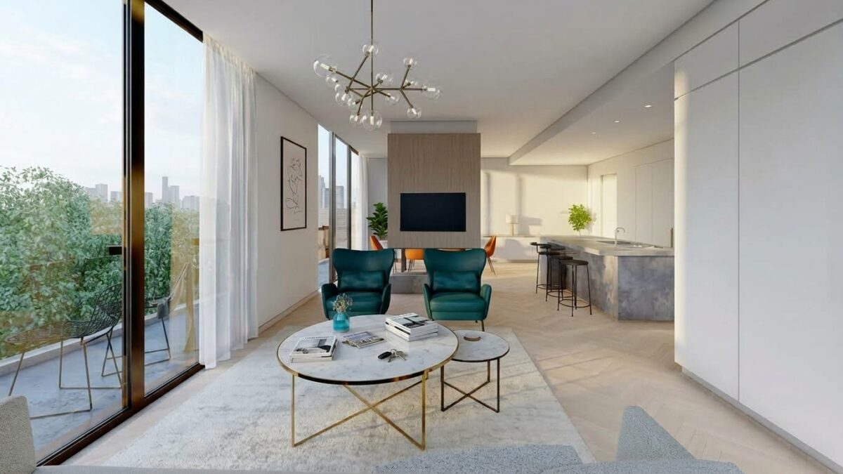 Open plan layout, central partition wall, media hearth, island kitchen counter, flush wall cabinetry, dual zone living, longitudinal axis, balcony integration