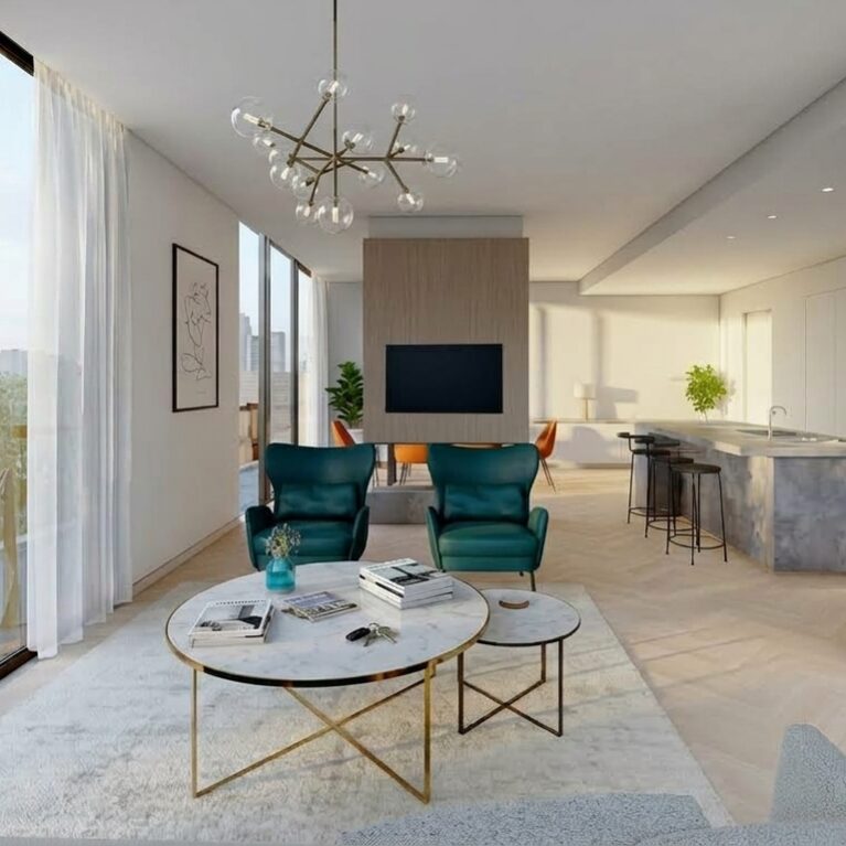 Open plan layout, central partition wall, media hearth, island kitchen counter, flush wall cabinetry, dual zone living, longitudinal axis, balcony integration