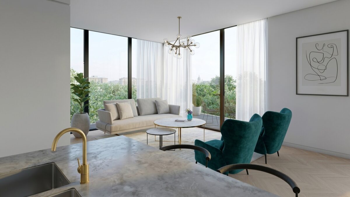 Open plan living area, full height corner glazing, velvet armchairs, sculptural brass chandelier, kitchen island counter, indoor outdoor connection, terrace apartment, residential layout
