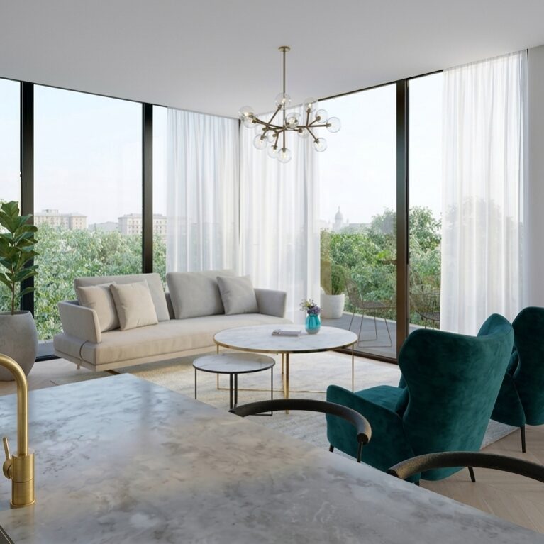 Open plan living area, full height corner glazing, velvet armchairs, sculptural brass chandelier, kitchen island counter, indoor outdoor connection, terrace apartment, residential layout