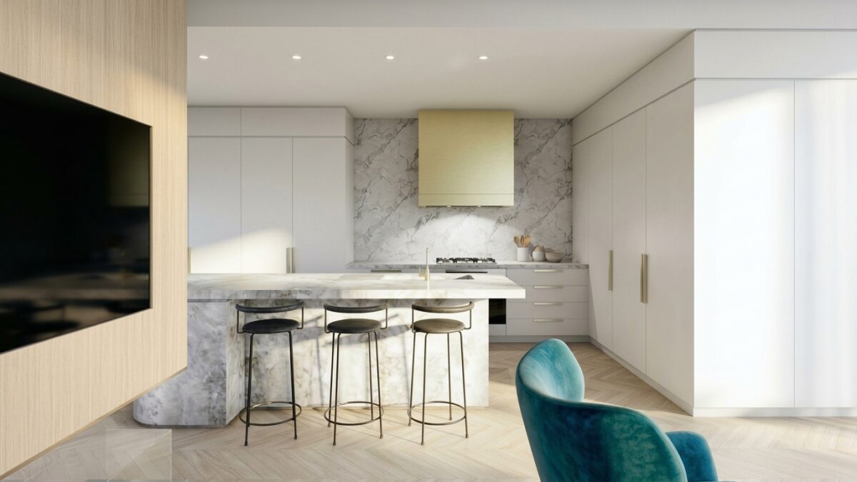 Marble kitchen island, breakfast bar stools, metallic exhaust hood, slab backsplash, integrated joinery, recessed ceiling lights, open floorplan axis, herringbone floor, linear kitchen workstation
