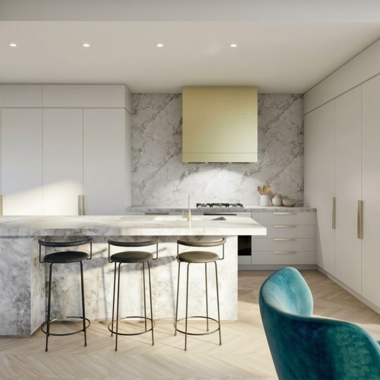 Marble kitchen island, breakfast bar stools, metallic exhaust hood, slab backsplash, integrated joinery, recessed ceiling lights, open floorplan axis, herringbone floor, linear kitchen workstation