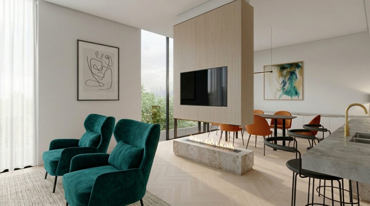 Floating media console, double-sided ethanol fireplace, timber veneer partition wall, marble plinth hearth, teal velvet armchairs, open plan spatial zoning, sightline integration, interior architectural division