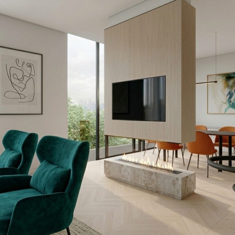 Floating media console, double-sided ethanol fireplace, timber veneer partition wall, marble plinth hearth, teal velvet armchairs, open plan spatial zoning, sightline integration, interior architectural division