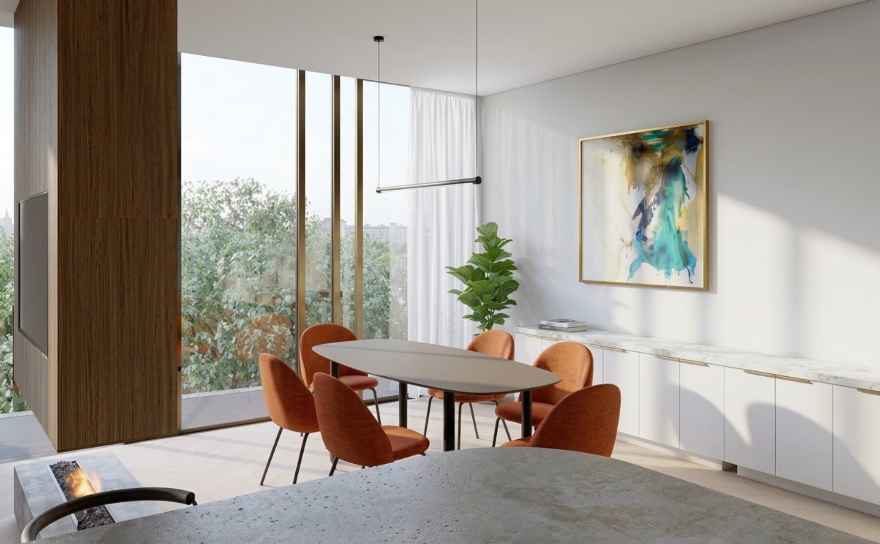 Light oak flooring, terracotta upholstered chairs, marble top sideboard, linear black pendant, floor-to-ceiling glass facade, bronze window mullions, open-plan dining area, linear ethanol fireplace, timber veneer partition wall, Moscow penthouse fit-out