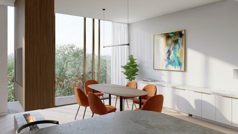 Light oak flooring, terracotta upholstered chairs, marble top sideboard, linear black pendant, floor-to-ceiling glass facade, bronze window mullions, open-plan dining area, linear ethanol fireplace, timber veneer partition wall, Moscow penthouse fit-out