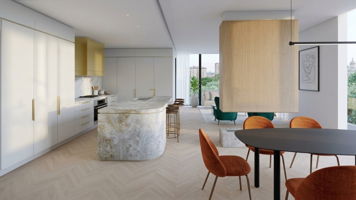 Curved marble kitchen island, suspended timber partition, floating fireplace hearth, brass range hood, full height built in cabinetry, open concept circulation, herringbone oak floor, luxury penthouse kitchen