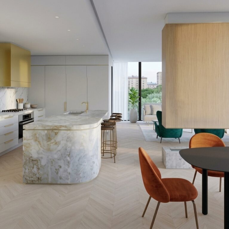 Curved marble kitchen island, suspended timber partition, floating fireplace hearth, brass range hood, full height built in cabinetry, open concept circulation, herringbone oak floor, luxury penthouse kitchen