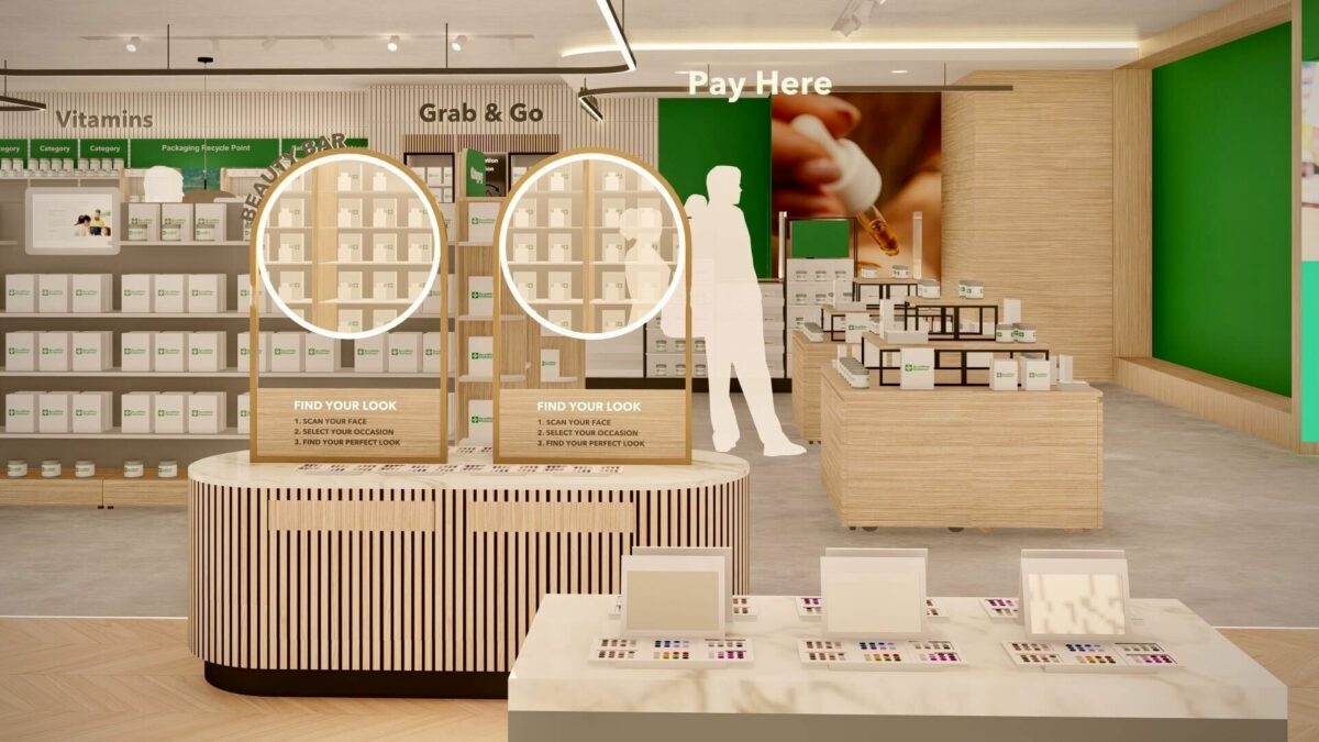 A sleek self-service beauty bar with digital face-scan stations sits opposite the Grab & Go and Vitamins area, combining technology and retail for a streamlined, personalised shopping experience.