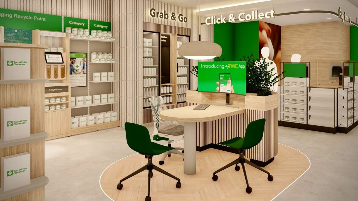 A compact counter for online order pick-ups and quick purchases, combining slatted timber, integrated greenery and a digital screen to promote the myTWC app.