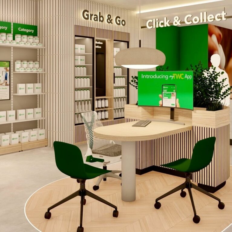 A compact counter for online order pick-ups and quick purchases, combining slatted timber, integrated greenery and a digital screen to promote the myTWC app.