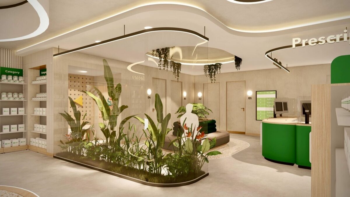 A softly illuminated prescription lounge framed by a glass “greenhouse” planter and organic ceiling lights, offering a tranquil space for customers awaiting consultation or collection.