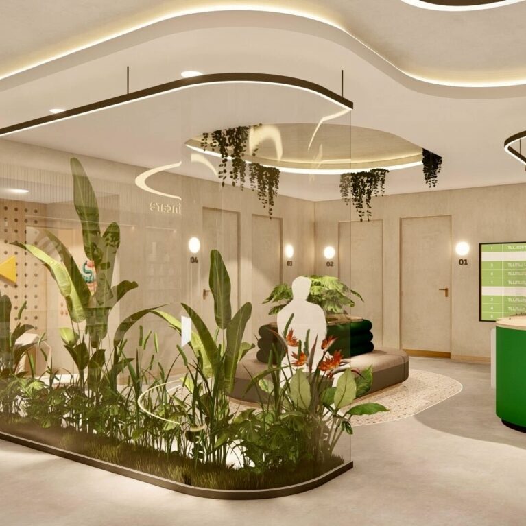 A softly illuminated prescription lounge framed by a glass “greenhouse” planter and organic ceiling lights, offering a tranquil space for customers awaiting consultation or collection.