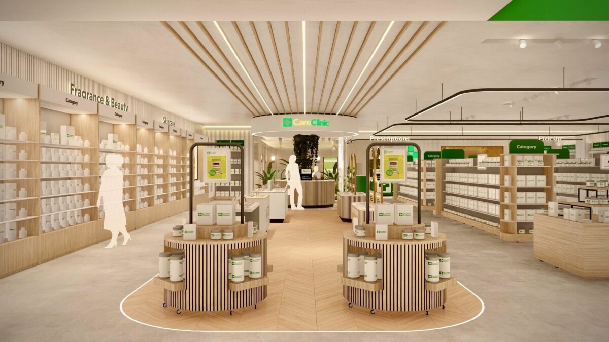 A spacious view of the store’s central hub, guiding customers towards the Care Clinic while showcasing refill stations, category signage, and a clean, natural materials palette designed for clarity and ease of navigation.