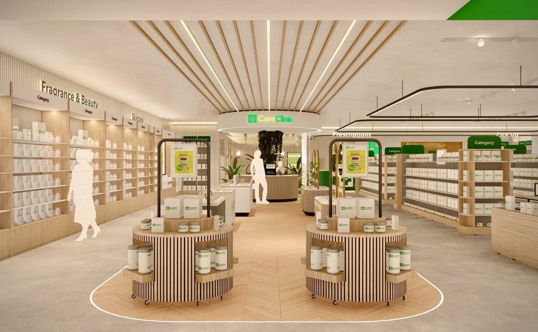 A spacious view of the store’s central hub, guiding customers towards the Care Clinic while showcasing refill stations, category signage, and a clean, natural materials palette designed for clarity and ease of navigation.