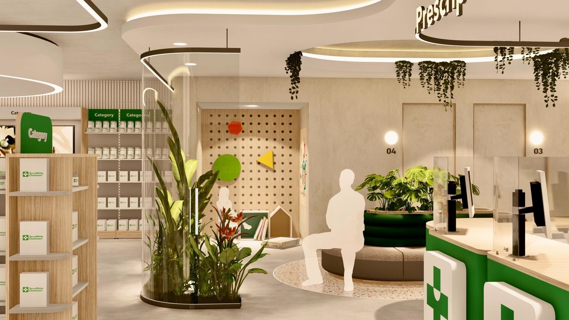 A calm waiting area with curved seating, lush planting, and a children’s play corner, positioned adjacent to the prescription counter to create a welcoming, family-oriented environment.