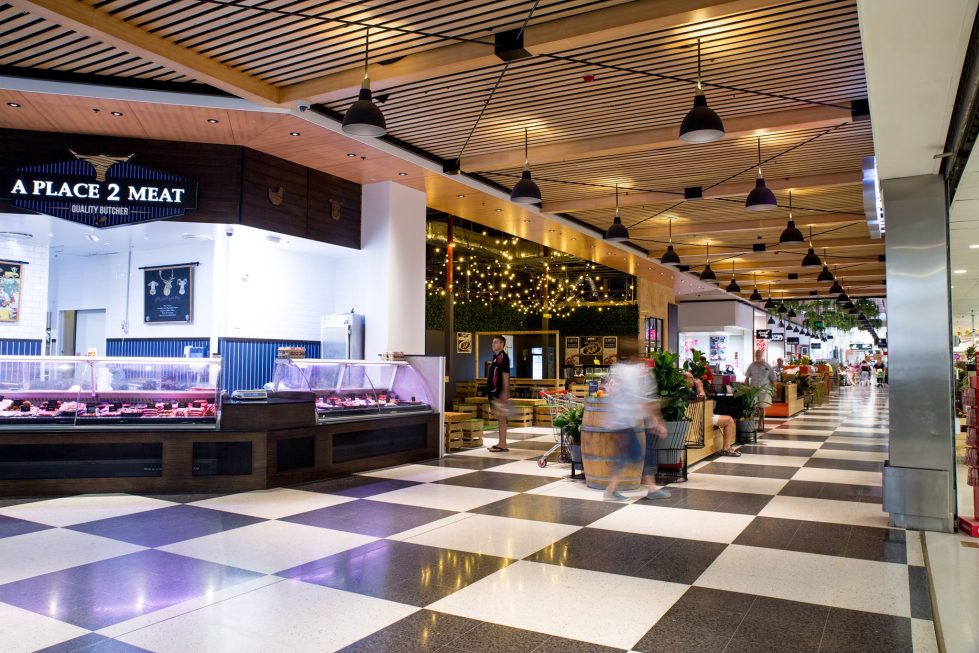 Brisbane, design clarity, shopping centre design, corridor, timber ceiling, circulation, flow, welcoming shopping area