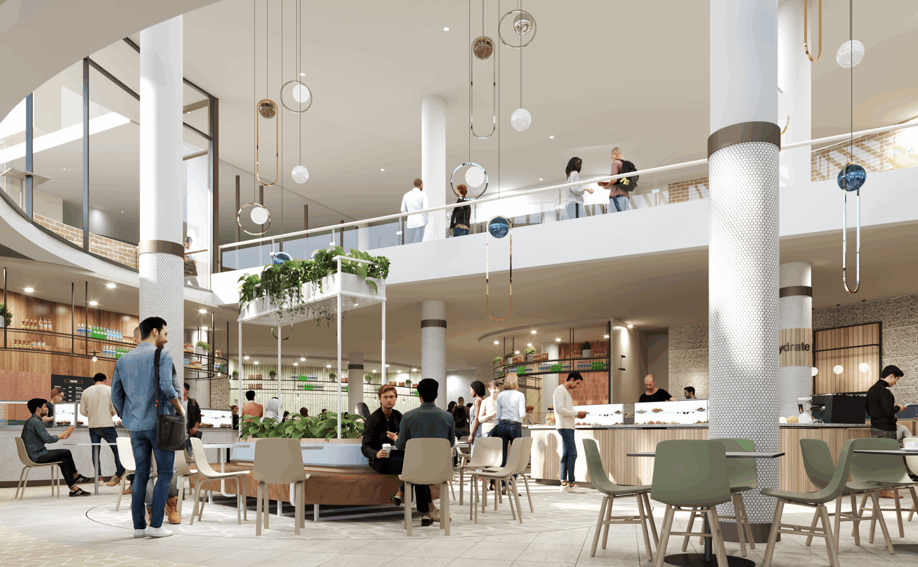 A CGI visualisation demonstrating how UNSW retailers can interpret and apply the Fitout Guidelines within a high-traffic campus food court setting.