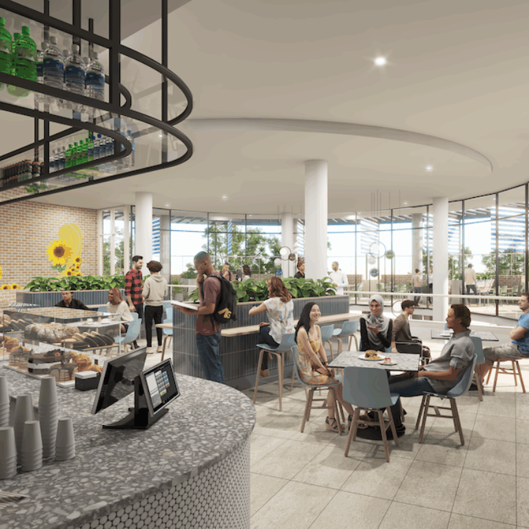 A CGI scene illustrating how the UNSW Fitout Manual translates into a cohesive, flexible hospitality environment.