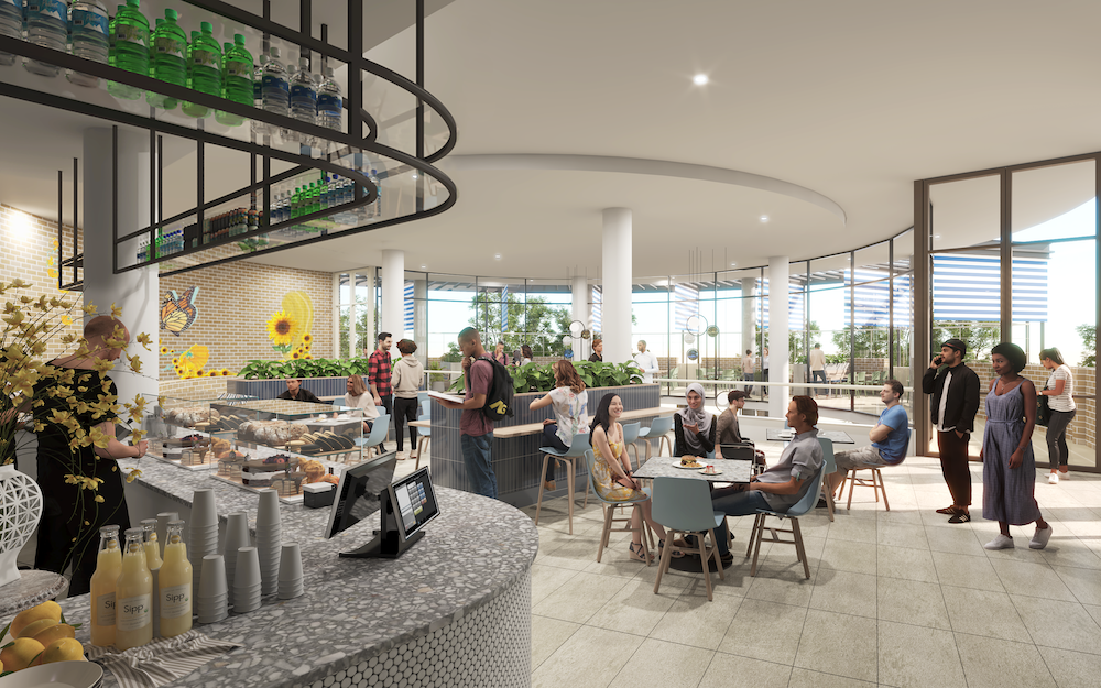 A CGI scene illustrating how the UNSW Fitout Manual translates into a cohesive, flexible hospitality environment.