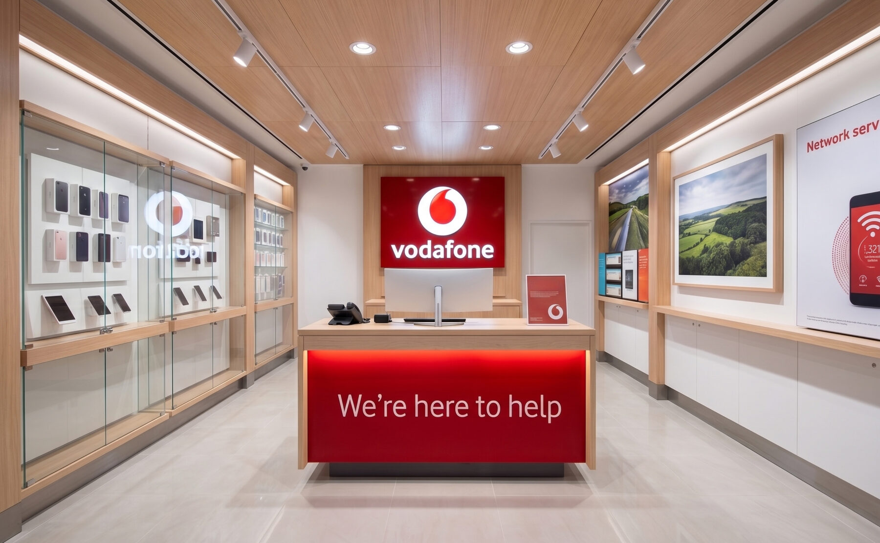 Retail store interior, timber ceiling paneling, illuminated service desk, brand logo wall, glass display cabinets, recessed track lighting, commercial telecommunications fitout.