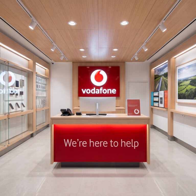 Retail store interior, timber ceiling paneling, illuminated service desk, brand logo wall, glass display cabinets, recessed track lighting, commercial telecommunications fitout.